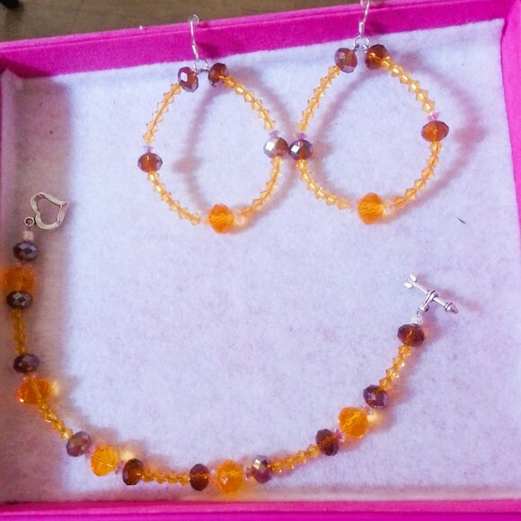 Swarovski Crystal Hand-Made Chocolate Orange Yellow Earring Bracelet set - Picture 4 of 11